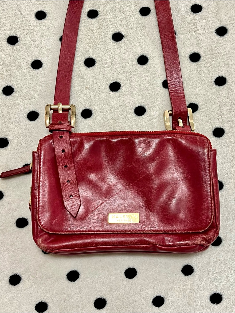 Halston Heritage Red Leather Triple Zip Crossbody Bag